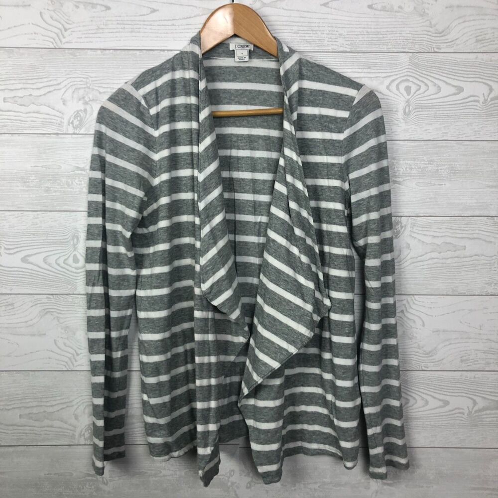J Crew Women's Small Striped Open Front Cardigan 100% Cotton Gray White Casual